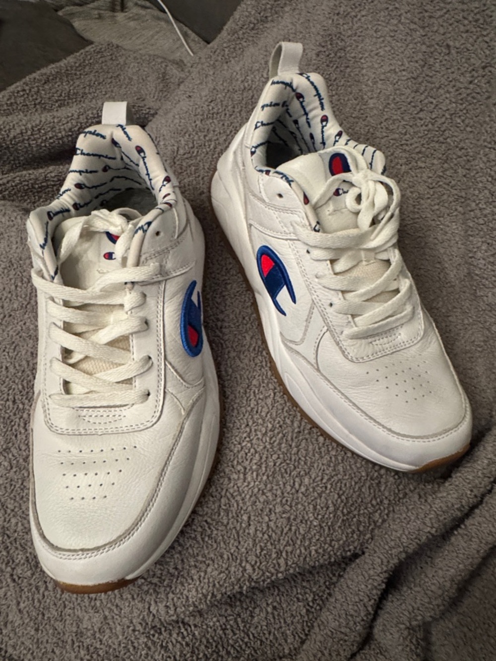 Champion White Men's Leather Sneakers with Blue & Red Logo Accents